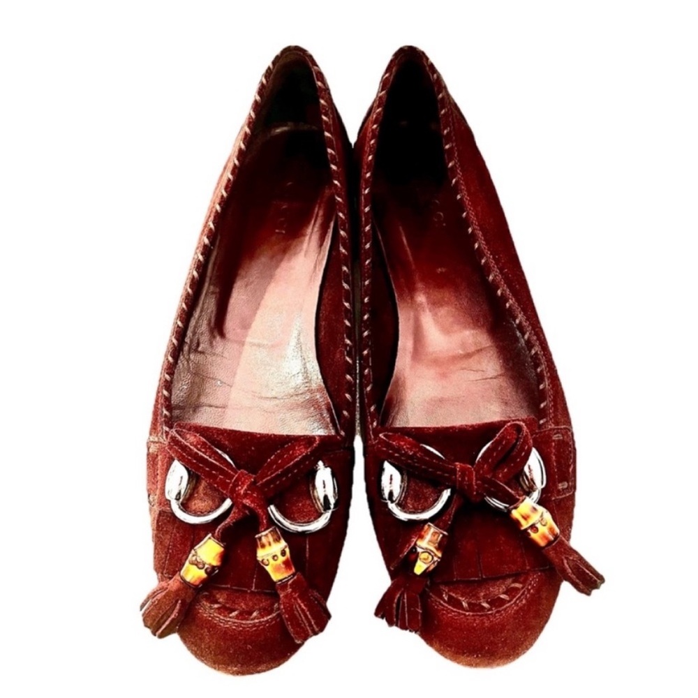 GUCCI Brown Suede Loafers Size 8.5 - Tassel Fringe Flats Women's - Excellent